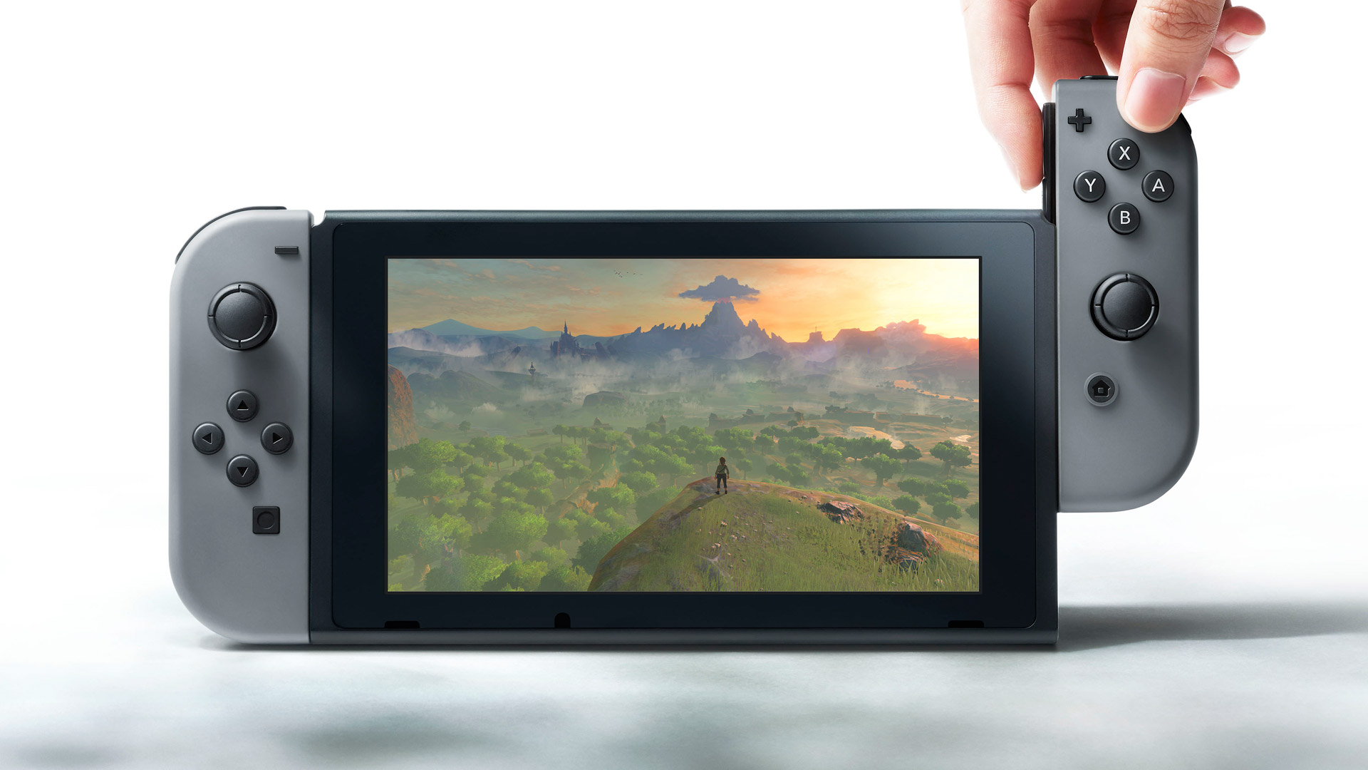 Promotional image released by Nintendo, showcasing the option to attach and detach the controllers to the screen.