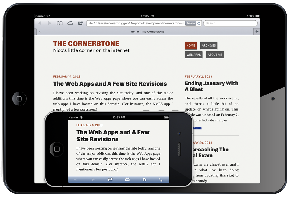 A screenshot of The Cornerstone running on the iPhone and iPad in landscape (using iOS Simulator). As you can see, reading articles this way is much easier.