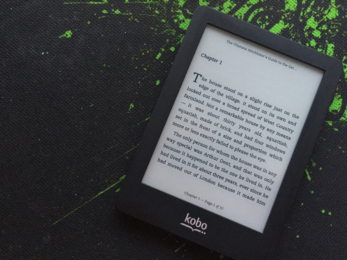 Kobo Glo showing ‘The Hitchhiker’s Guide to the Galaxy’ by Douglas Adams