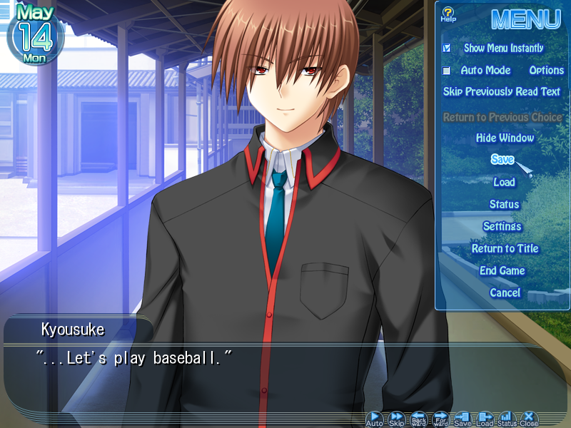 This is a screenshot of ‘Little Busters!’, a visual novel by Key/VisualArt’s. This is a screenshot of the fan translation.