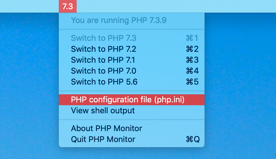 This is what PHP Monitor looks like in your menu bar. It gives you easy access to all installed PHP versions and to the php.ini file for the active version of PHP.