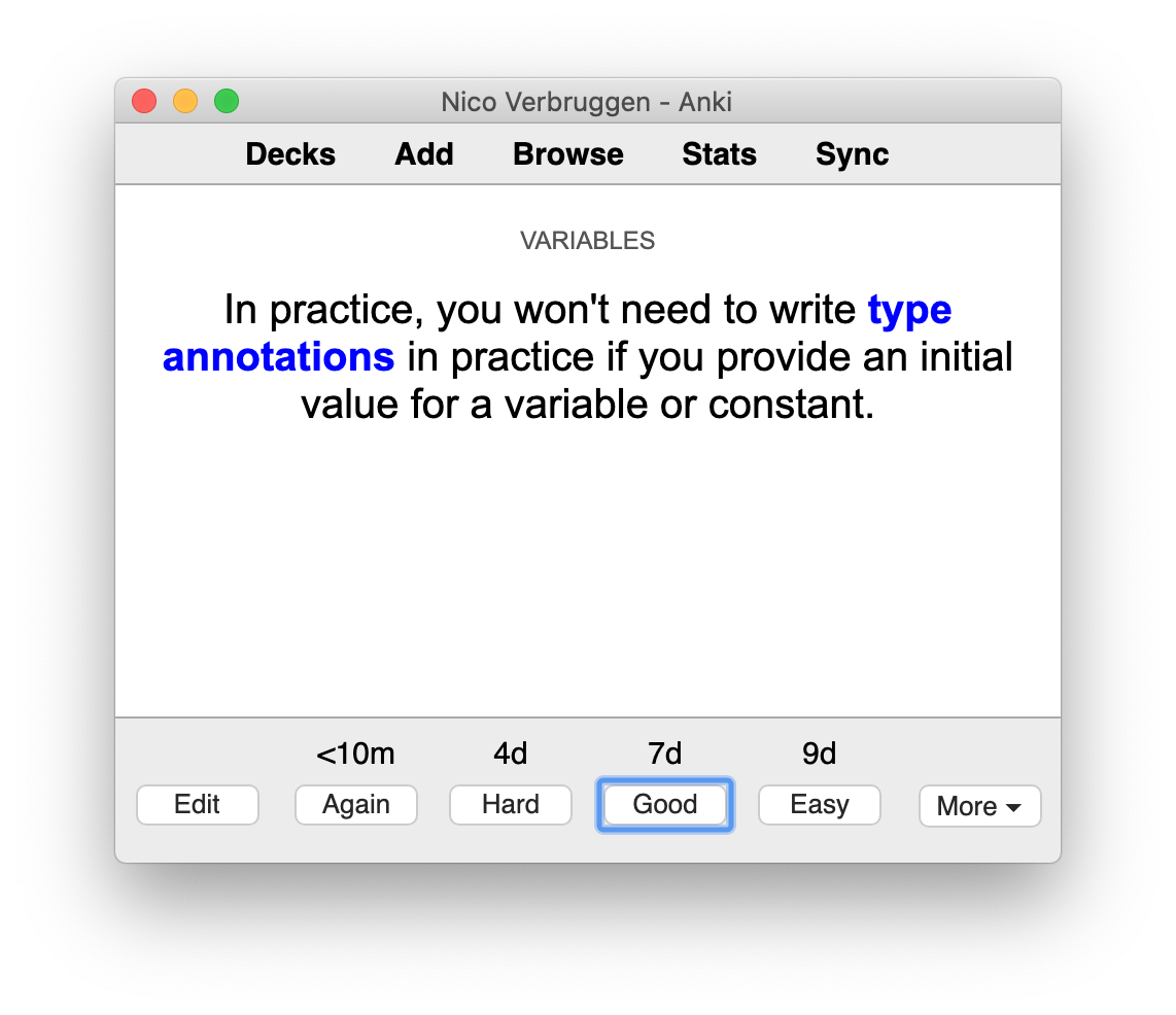 Reviewing Swift flashcards using Anki. As you can see, I also annotate some cards with a category or subject.