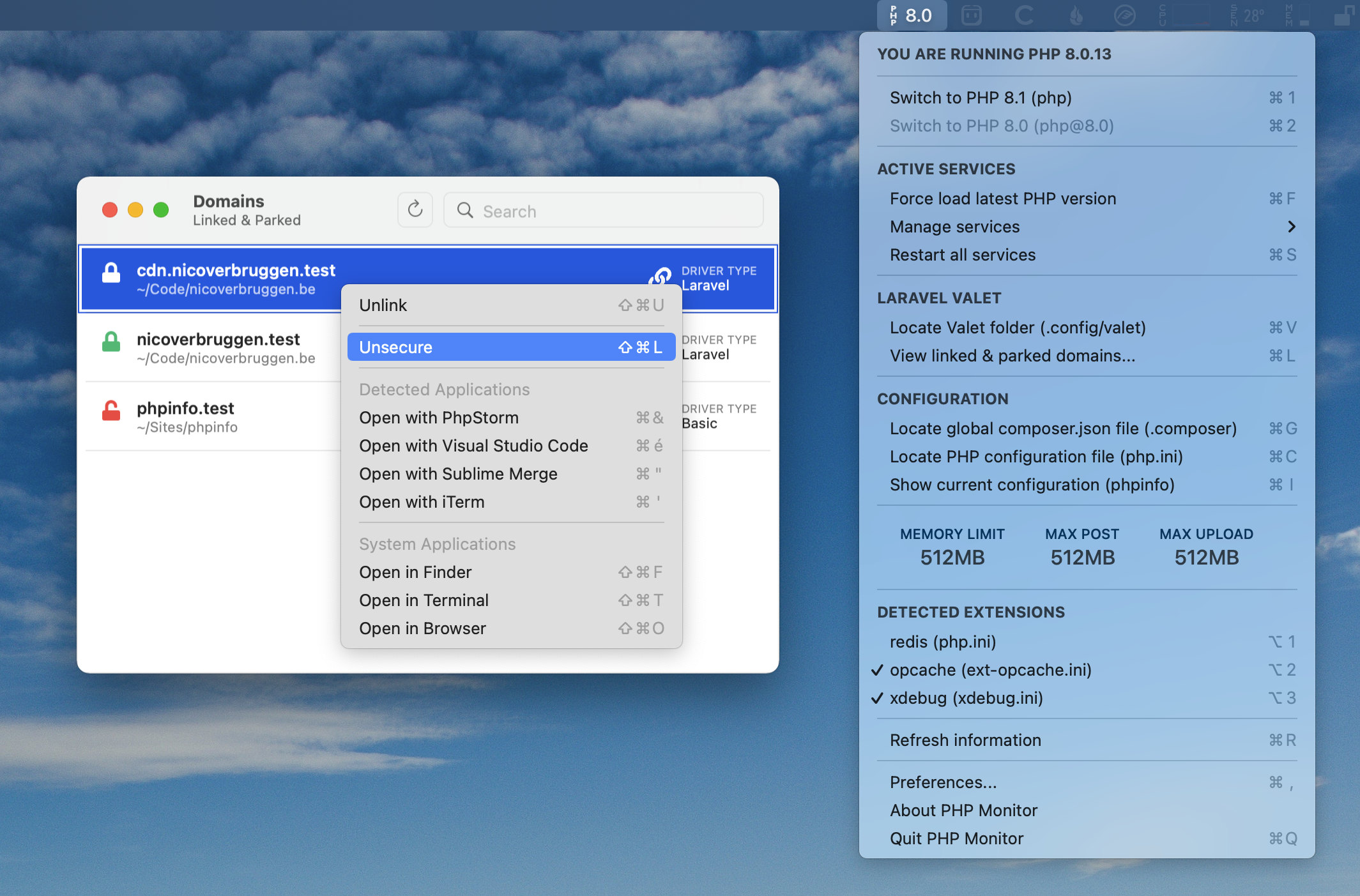 PHP Monitor’s features have been expanded with a new domains screen, which lists all linked and parked domains, and allows for common interactions with said sites.