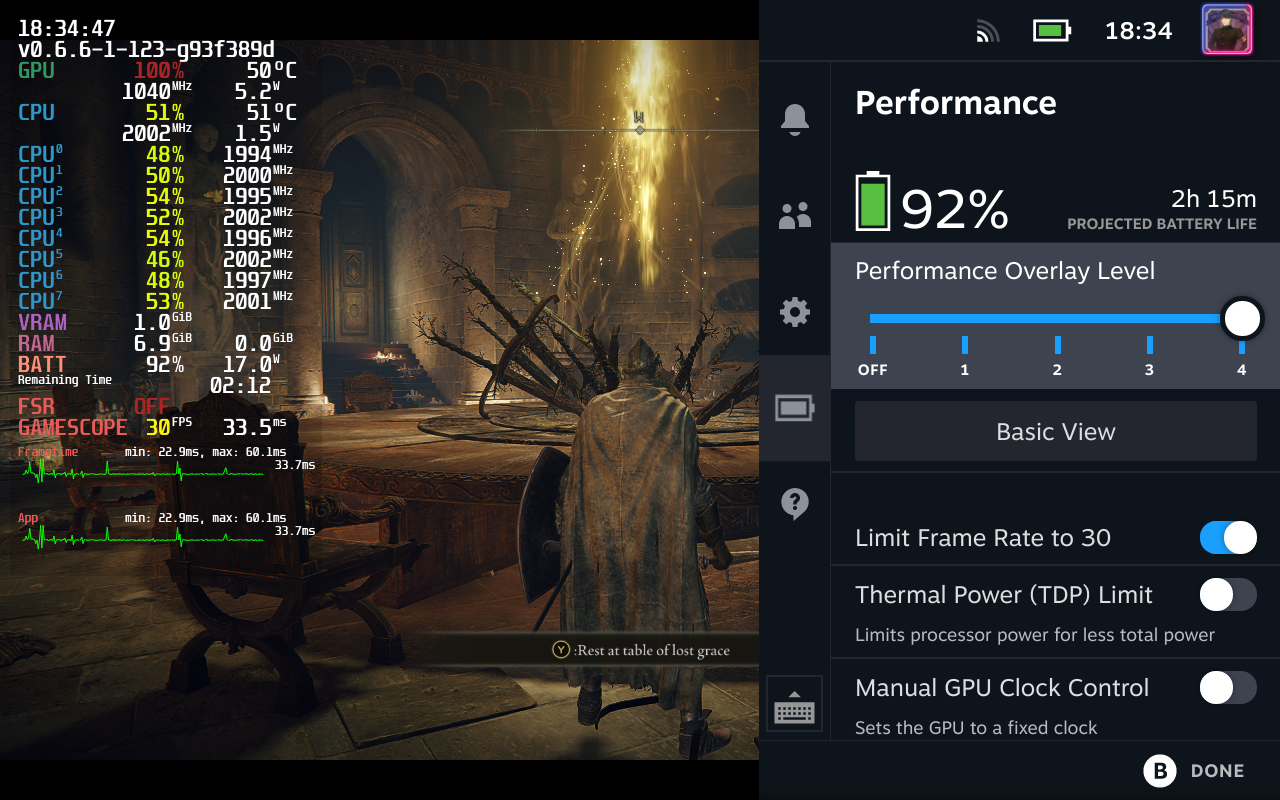 SteamOS comes with the option to limit your games’ framerate, and see how much longer your Deck will last with the game you’re currently playing. That’s important, because battery life will vary based on the games you’re running, and how you are running them. Limiting your game’s framerate to a maximum 30 FPS will certainly help!