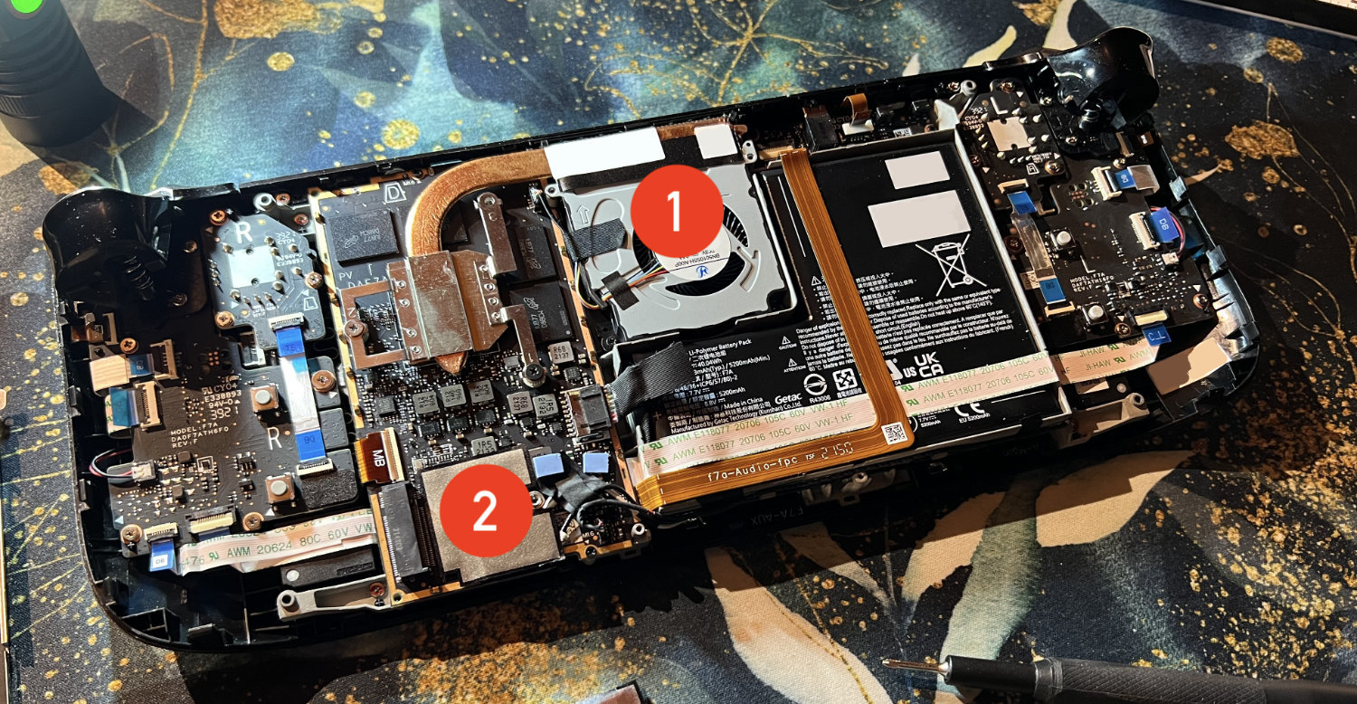 What my Deck looked like after opening it up, replacing the fan (1) and removing the SSD (2). Some serial numbers of individual components have been obfuscated.