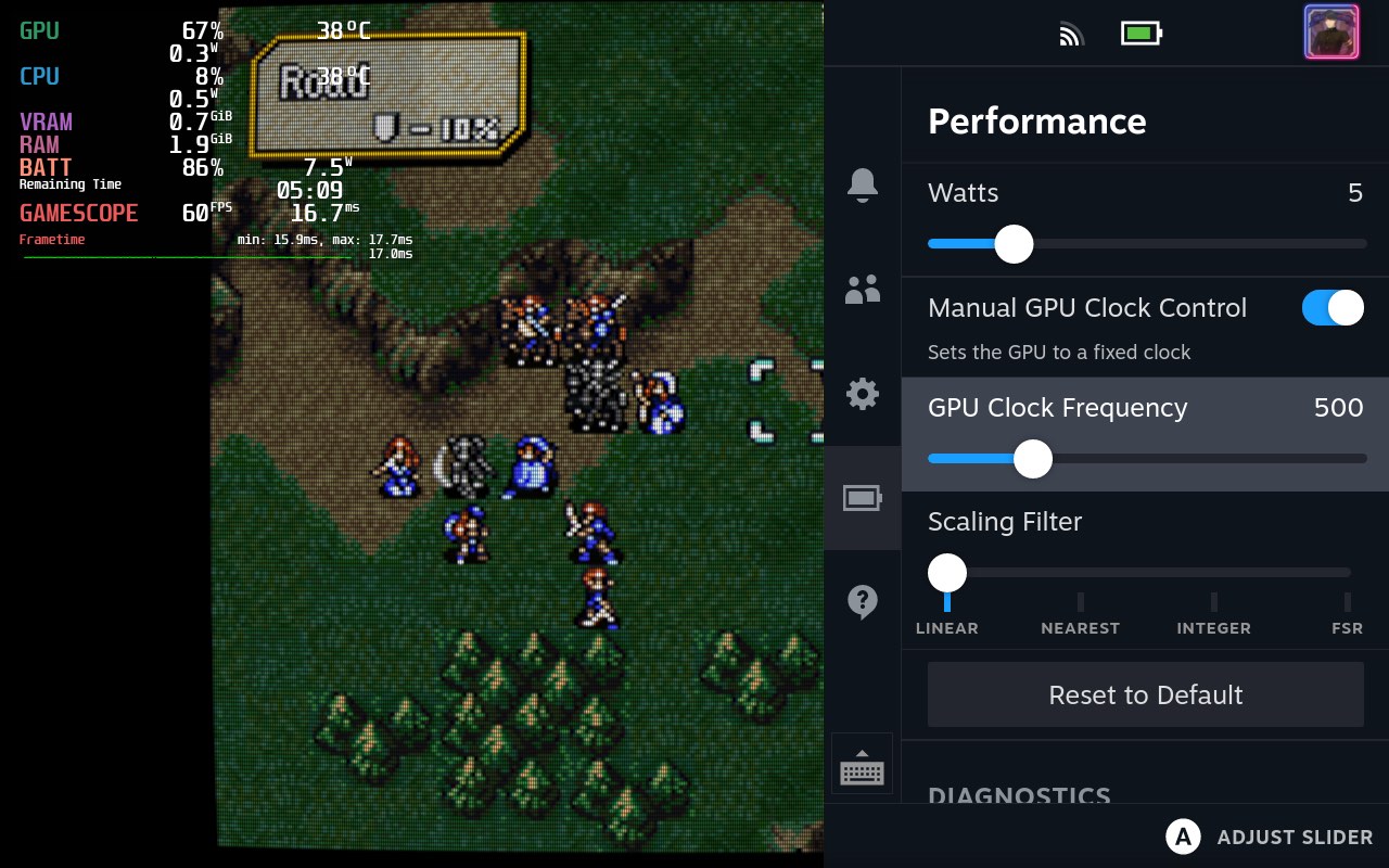 Recently, I’ve been playing a fan translation for ‘Fire Emblem: Genealogy of the Holy War’ (1996), which doesn’t require a lot of power: I can throttle down the CPU and GPU and get up to 7 hours of playtime on a single charge this way.