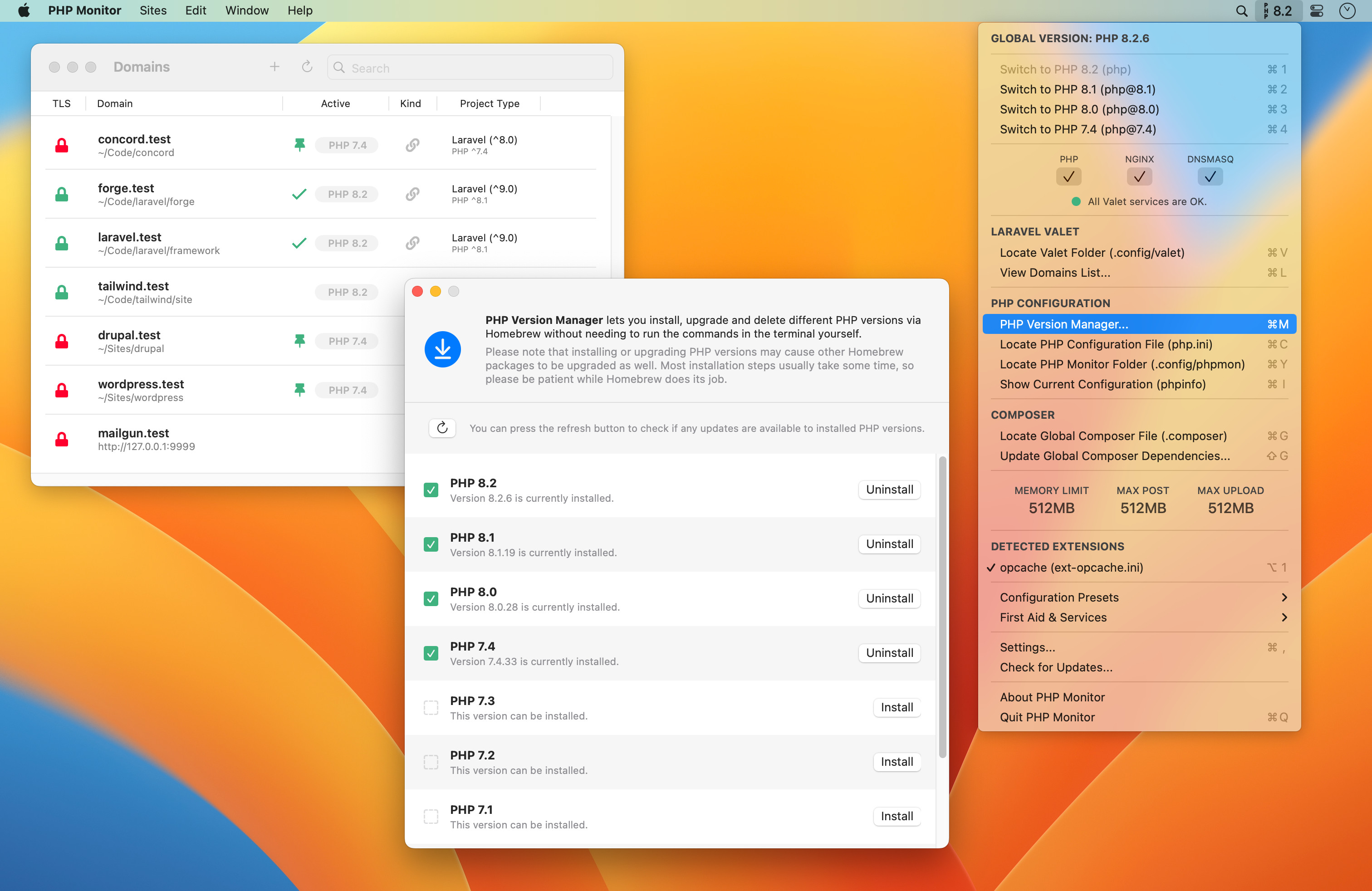 PHP Monitor 6 in action. This screenshot displays the Domains functionality, the PHP Version Manager and the main menu when running Laravel Valet.