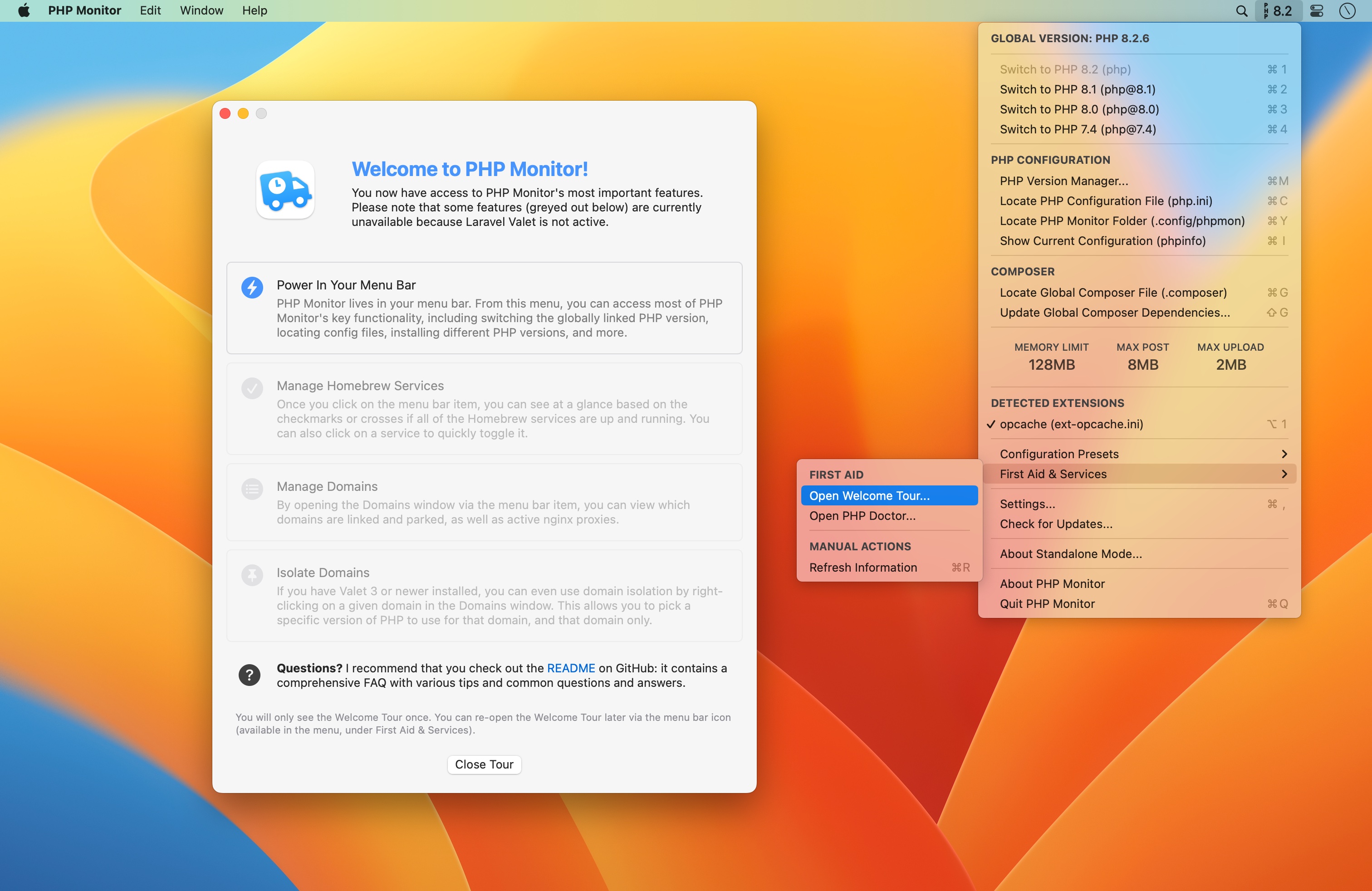 PHP Monitor 6 in action. This screenshot displays the Domains functionality, the PHP Version Manager and the main menu when running Laravel Valet.