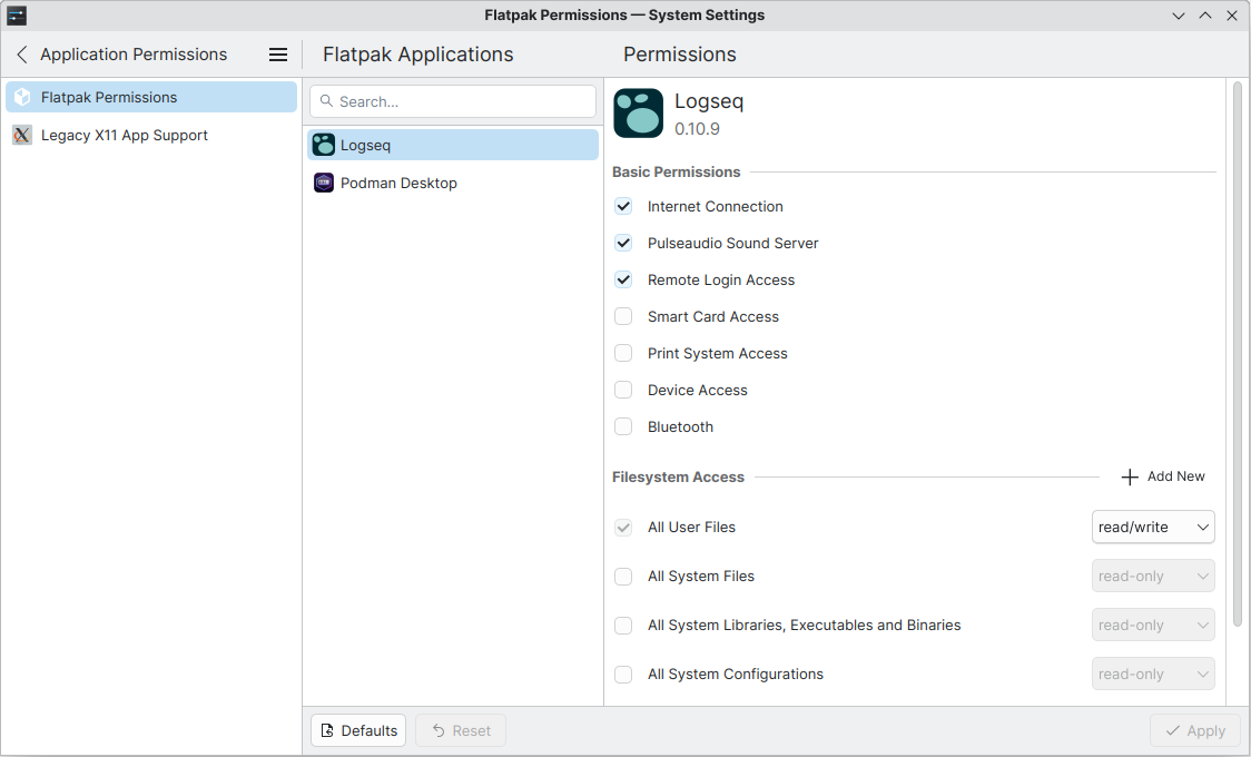 In this case, Logseq has access to my filesystem and the internet. But I could tweak this if I wanted to. Notice how the Flatpak does not have access to system files or configuration files, however.