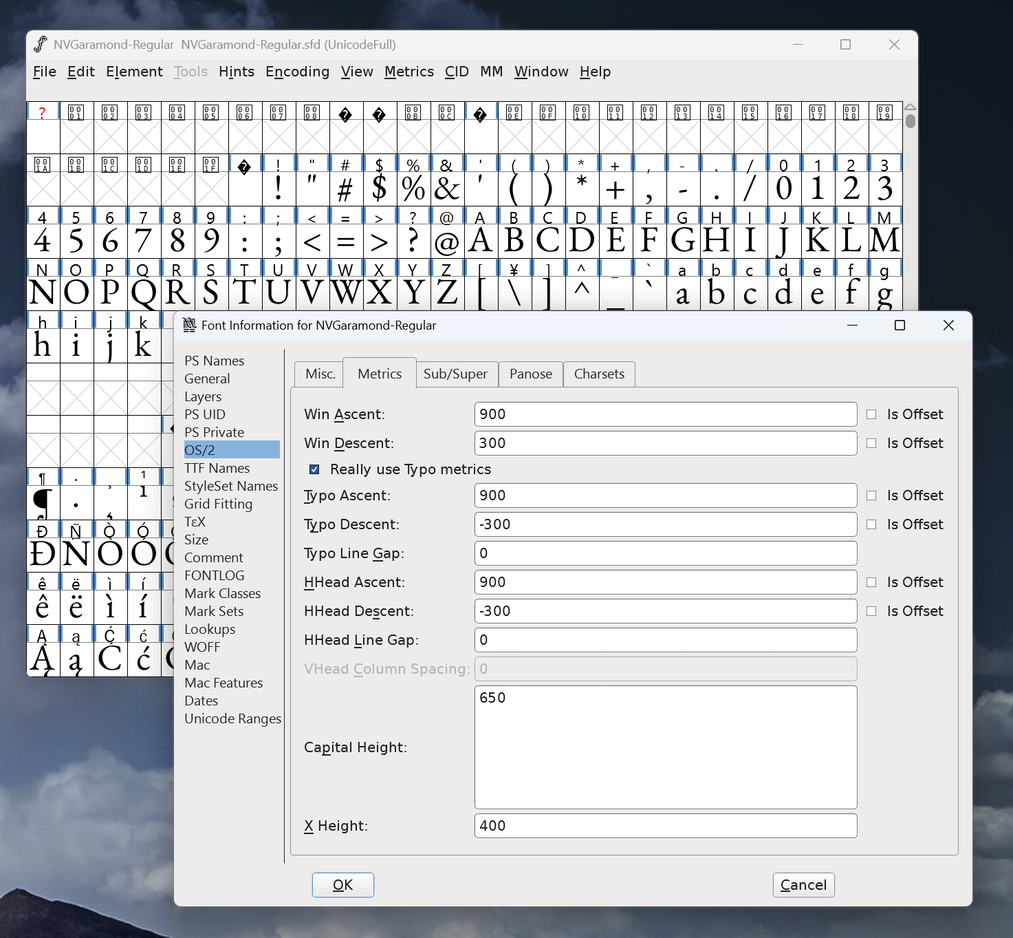 These are the metrics that I settled on for my version of EB Garamond.