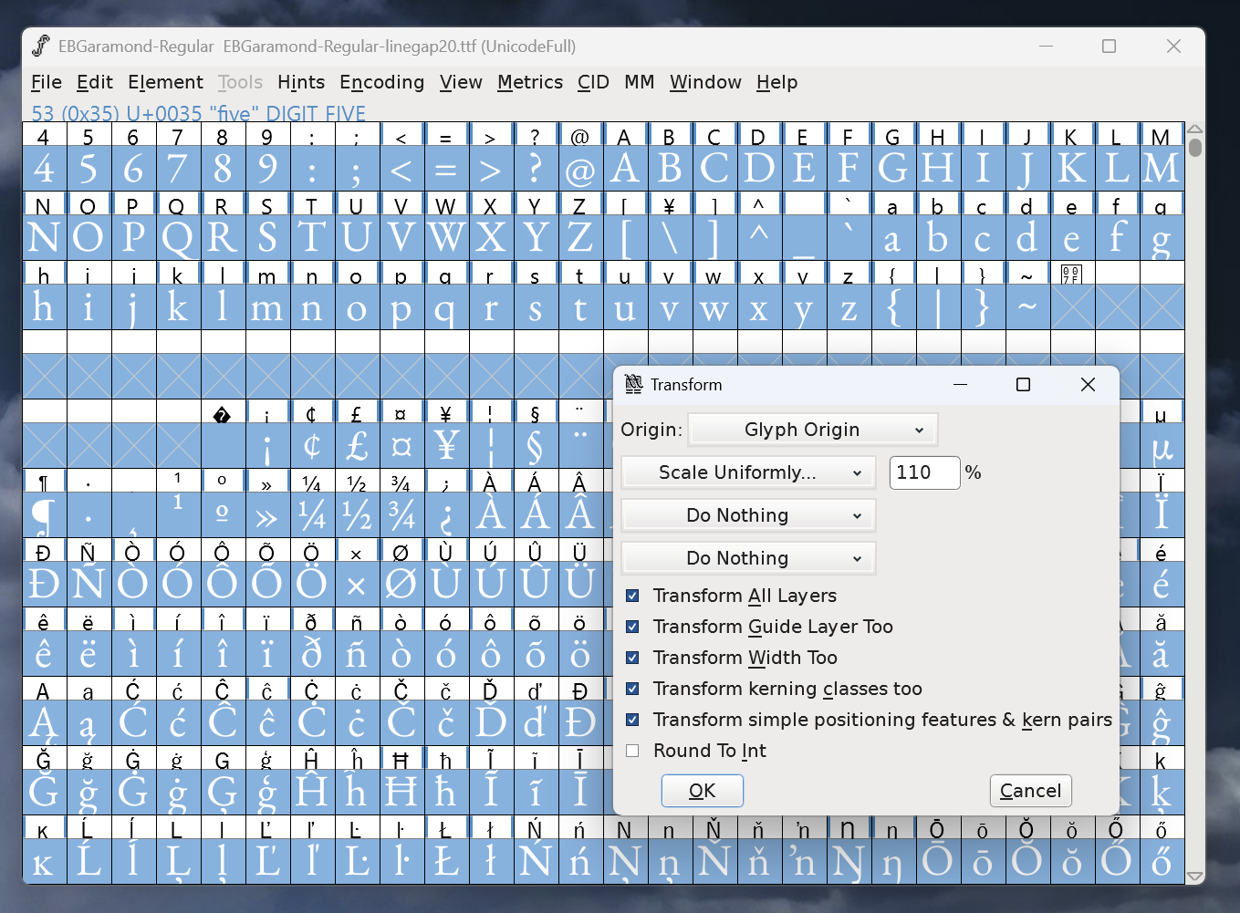 Element > Transformations > Transform… will let you specify how to scale the individual glyphs. Applied uniformly, scaling should not cause any issues.