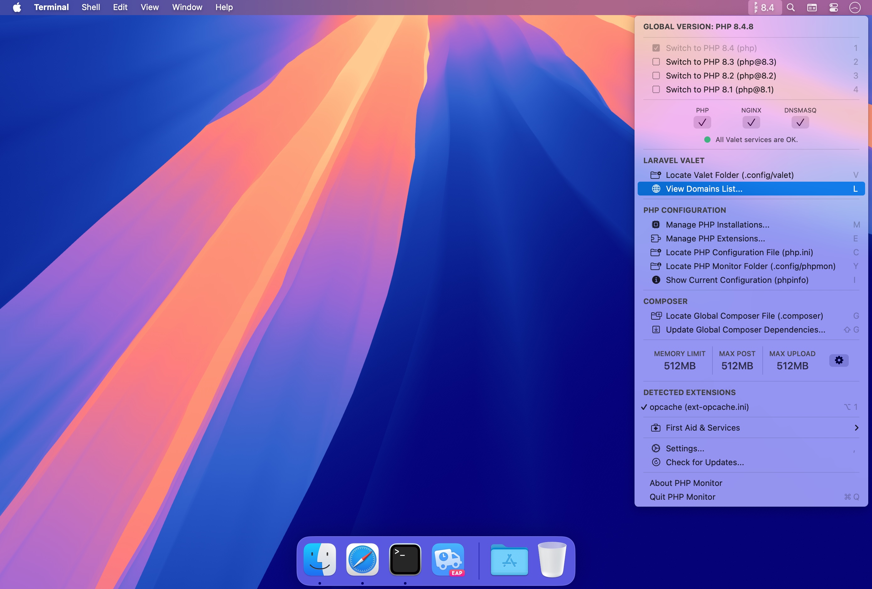 The new icon of PHP Monitor can be seen in the Dock, and the menu menu with icons to make each action easier to identify.