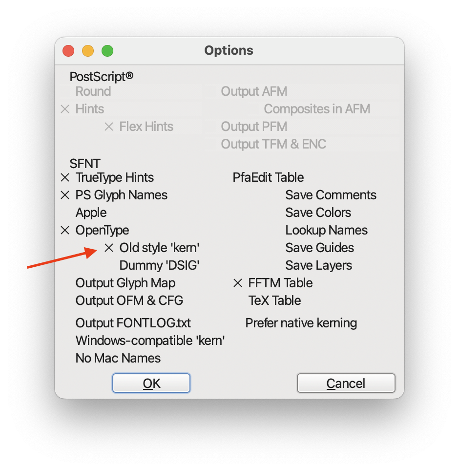 It’s hard to see that these are checkboxes on macOS, but they are. Toggling this option is the key to getting proper kerning for the kepub renderer.
