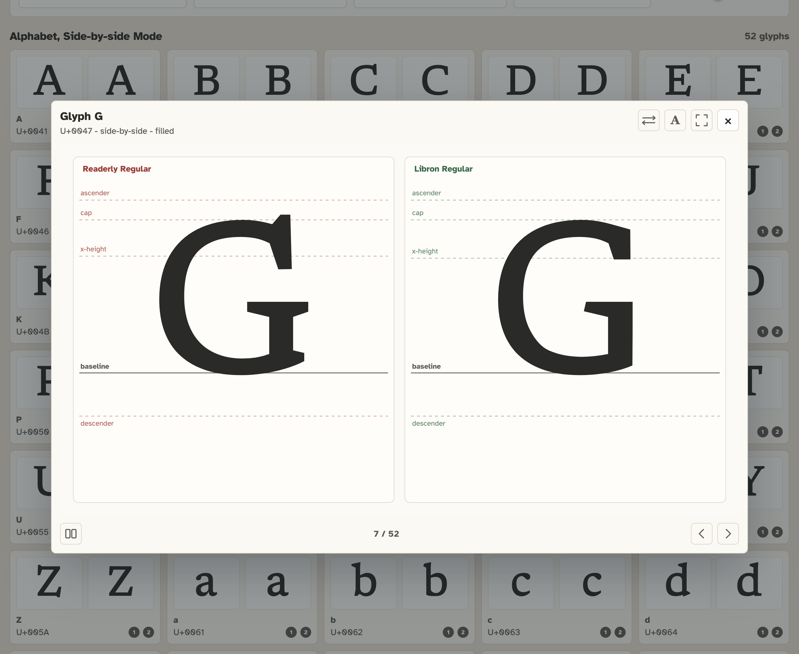 A good example of an adjusted serif in Libron versus Readerly; the capital G. Displayed here in my custom tool, Font Comparator.